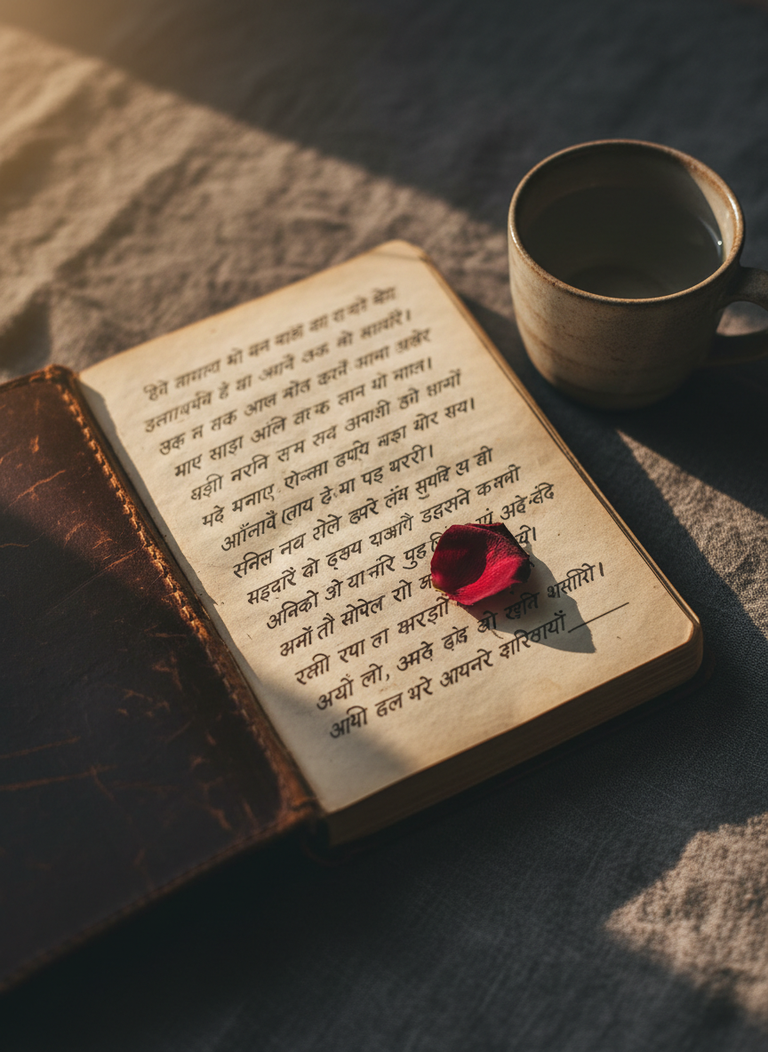 A weathered, leather-bound diary in dark brown, its edges slightly frayed, lying open to a page filled with elegantly handwritten Hindi sentences in flowing ink. A single dried rose petal in deep crimson rests delicately between the pages, hinting at a love story. The diary is placed on a textured, charcoal-grey fabric surface with a ceramic cup of plain water nearby, no human touch implied. Warm golden hour light grazes the paper from the side, enhancing the texture of the pages and creating long, soft shadows. Photographic realism, captured from a close-up, slightly angled top view with shallow depth of field, isolates the diary and petal, conveying an intimate, emotional, and romantic atmosphere suited for प्रेम कहानियाँ.