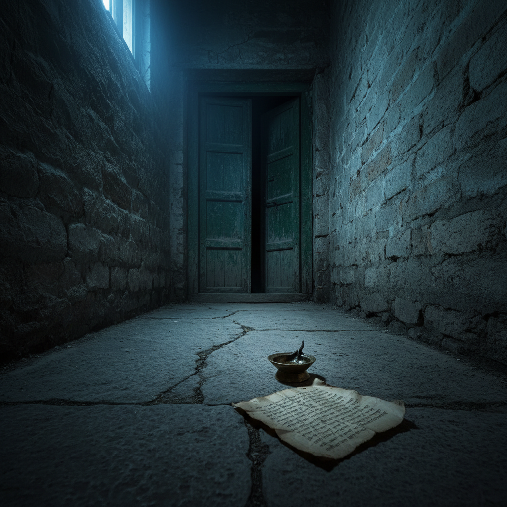 An old wooden door with peeling dark-green paint, slightly ajar, revealing only darkness beyond, standing at the end of a narrow, cracked stone corridor. On the floor just before the door lies a single, overturned brass diya, its wick unlit and cold, next to a loosely scattered page containing faint Hindi text, partially crumpled. Cool, bluish moonlight filters in from a small, unseen window high above, leaving long, eerie shadows and emphasizing the rough, aged textures. Photographic realism with a deep depth of field keeps every crack and chipped edge in focus. Captured from a low, centered perspective, the composition feels claustrophobic and ominous, perfectly matching the atmosphere of a Hindi हॉरर कहानी.