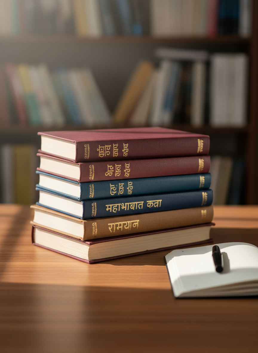 A neatly stacked pile of classic hardcover Hindi storybooks in rich maroon, deep blue, and earthy brown cloth bindings, their gilt titles subtly glinting in Devanagari script. The books rest on a warm wooden desk beside a simple black fountain pen and an open, blank notebook. Soft morning light from an unseen window washes across the scene, creating gentle shadows between the stacks and a calm, contemplative mood. Shot at eye level in photographic realism, with a shallow depth of field that blurs a background of indistinct bookshelf shapes, the composition uses the rule of thirds to keep the focus on the central stack, evoking a professional yet nostalgic atmosphere perfect for a Hindi story blog.