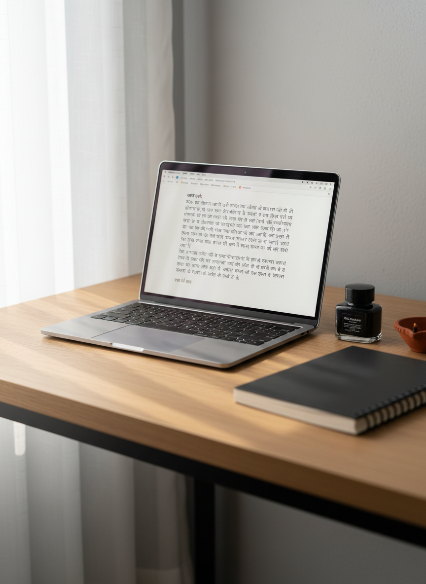 A modern, minimalist writing desk with a slim, silver laptop displaying an open Hindi text document in crisp Devanagari script on a clean white screen. The laptop sits on a light oak tabletop beside a neatly arranged notebook, a black ink bottle, and a small terracotta diya lamp unlit for symbolism, not illumination. Diffused afternoon light pours through a sheer curtain, casting soft, even brightness and almost no harsh shadows. The mood is focused and professional, ideal for serious storytelling. Photographic realism, shot from a slightly elevated three-quarter angle, with sharp focus on the laptop keys and blurred edges on the desk accessories, creating a clean, contemporary composition that reflects disciplined Hindi story writing.