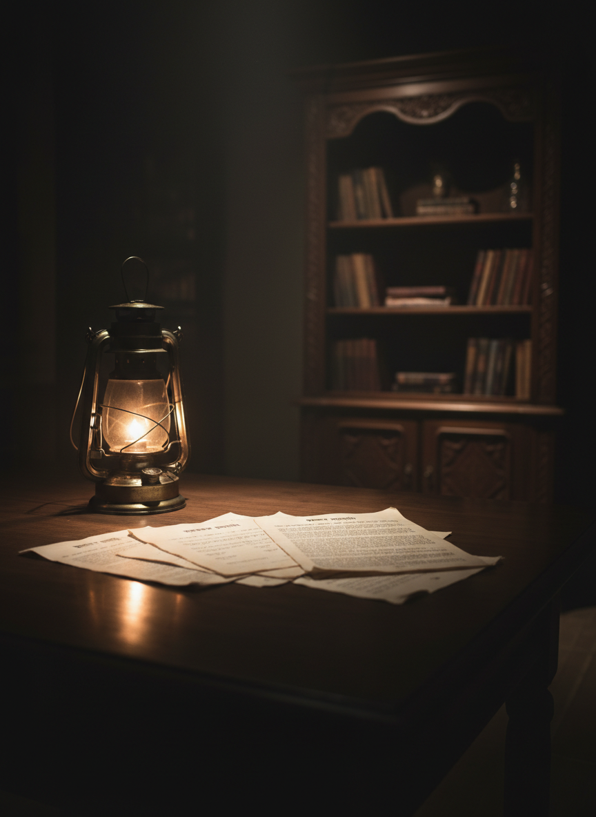 A dimly lit wooden study table with an old-fashioned brass oil lantern casting a small, focused pool of warm, flickering light on a scattered set of printed Hindi pages. The text is clearly legible but not the main focus; instead, the attention is drawn to a stark contrast between light and surrounding darkness. In the shadowy background, a tall bookshelf is barely visible, its shapes fading into obscurity to enhance a thriller mood. Photographic realism with dramatic side lighting emphasizes deep shadows and sharp highlights. Shot from a low, eye-level angle along the table’s surface, the composition leads the viewer’s gaze from the illuminated pages into the dark room, evoking suspense and tension ideal for थ्रिलर कहानियाँ.
